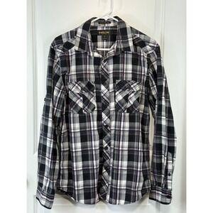 Helix Mens Athletic Fit Plaid Button Down Shirt Black Purple White Medium